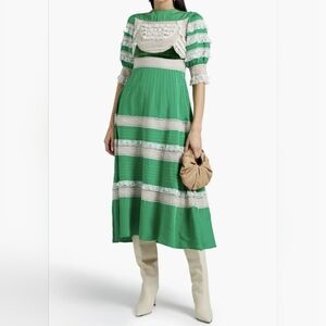 Valentino ruffled tulle and velvet-paneled silk-twill midi dress, Emerald Green
